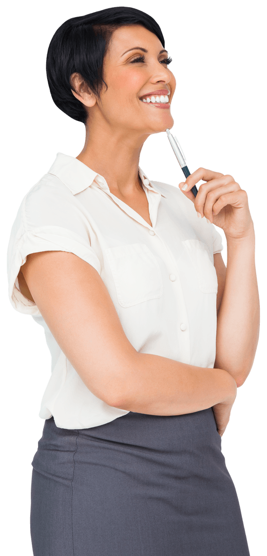 Smiling Hispanic Businesswoman Holding Pen on Transparent Background