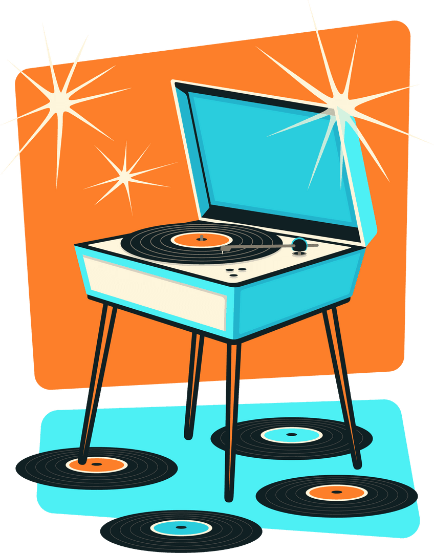 Retro Turntable with Vinyl Records and Sparkles on Transparent Background