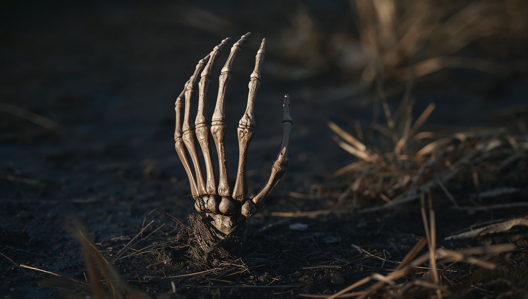 Skeletal Hand Emerging from Barren Earth at Dusk