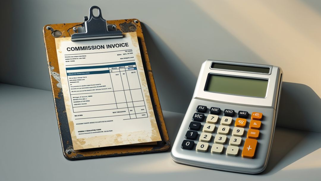 Commission Invoice on Clipboard Beside Calculator on Desk