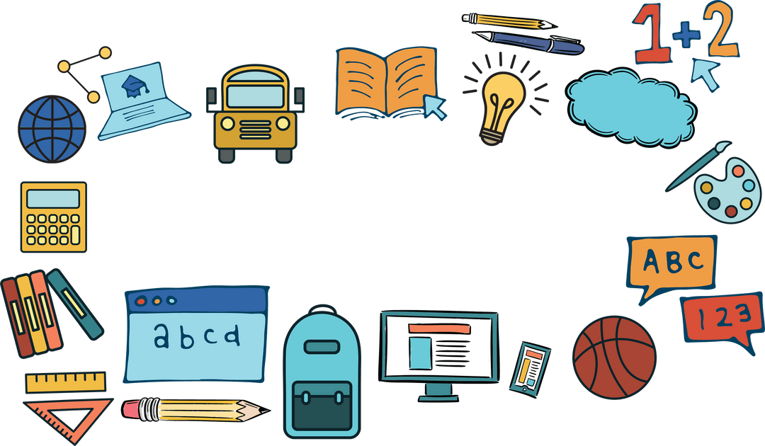 Educational Icons on Transparent Background with School Symbols