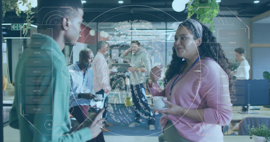 Office networking with biometric HUD showing fingerprint authentication and collaboration