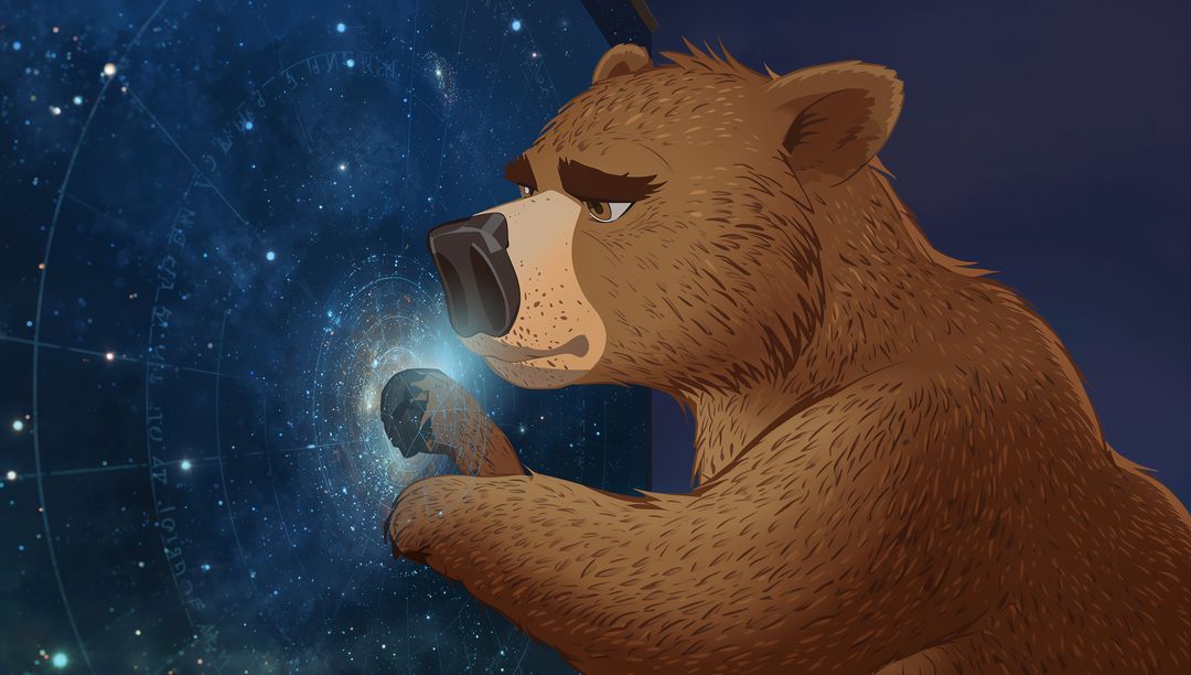 Solemn Bear Touching Holographic Star Chart, Cosmic Nebula Projection, Sci-Fi Concept Art