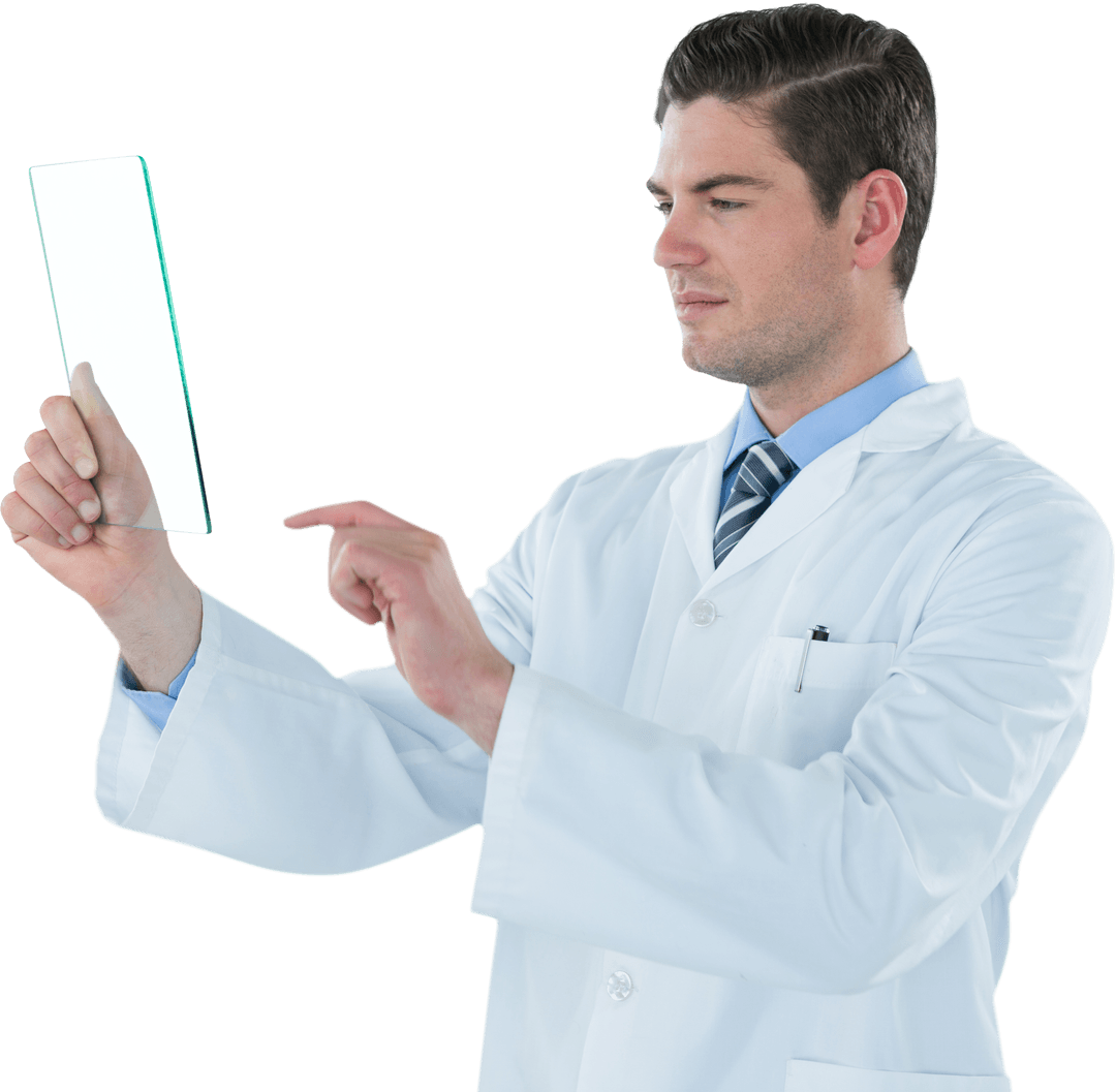 Focused Male Doctor Using Transparent Futuristic Glass Tablet