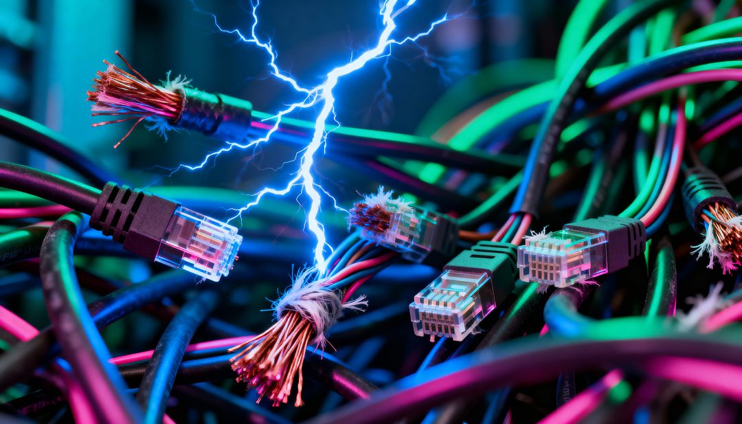 Sparking Tangled Network Cables with Exposed RJ45 Plugs, Electric Arc and Neon Lighting
