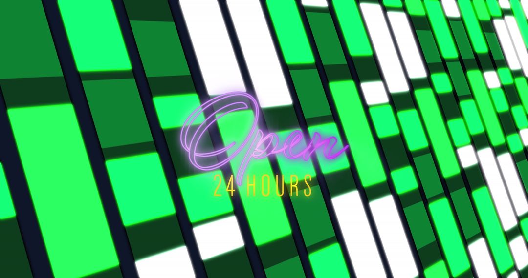 Neon Open 24 Hours Sign Against Vibrant Green Pixel Background