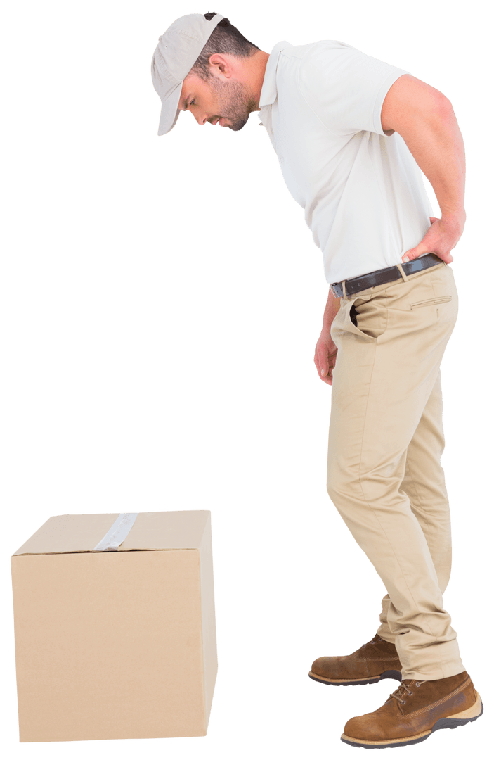 Delivery Male Worker Experiencing Back Pain with Box on Transparent Background