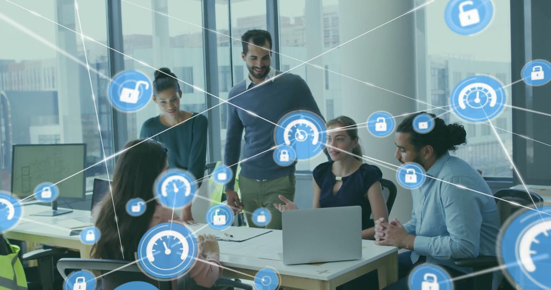 Diverse Business Team Discussing Cybersecurity in Modern Office