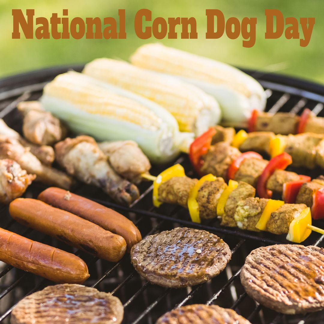 Barbecue Grill with Assorted Foods Celebrating National Corn Dog Day