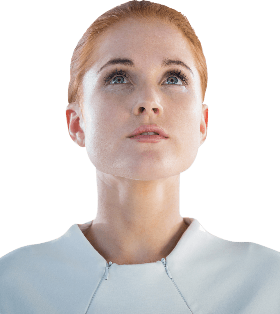 Transparent Businesswoman Looking Up With Contemplative Expression