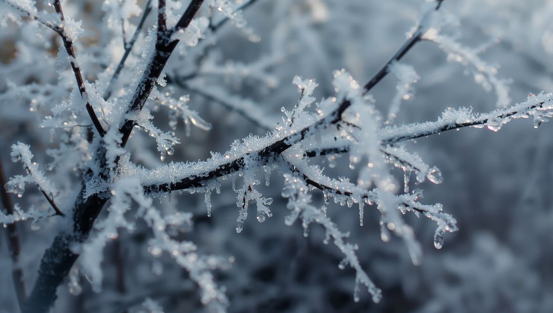 Frost-Covered Branch with Sparkling Ice Crystals in Winter Scene