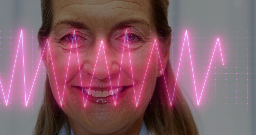 Elderly Woman Smiling with Vibrant ECG Overlay