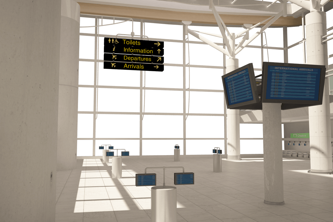 Transparent Empty Airport Terminal with Departure Screens