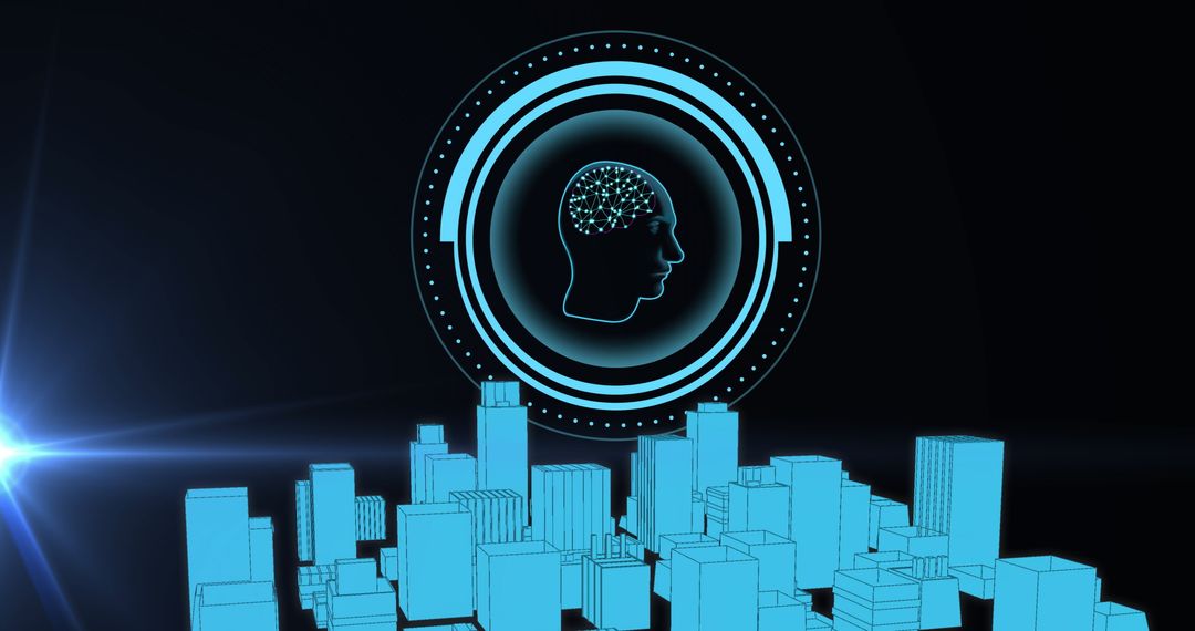 Digital Brain Hologram Above Futuristic City