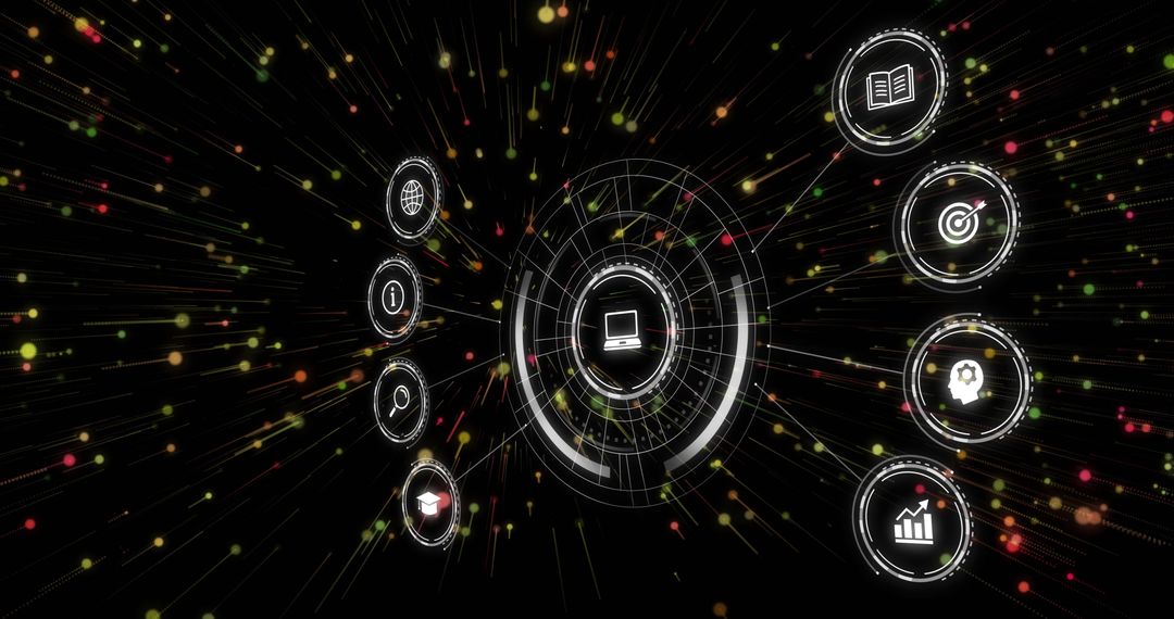 Futuristic Data Processing with Icons and Light Spots on Black Background