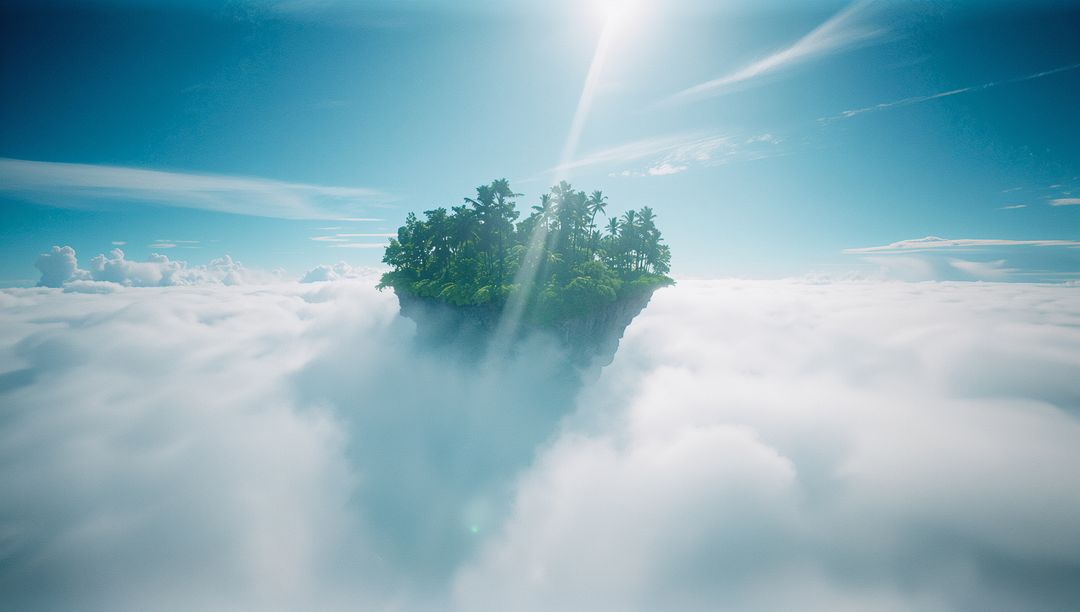 Floating Island with Palm Trees Above Clouds Illuminate by Sunlight