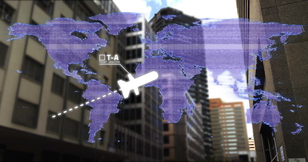 Digital World Map Projection Over Urban Skyscrapers