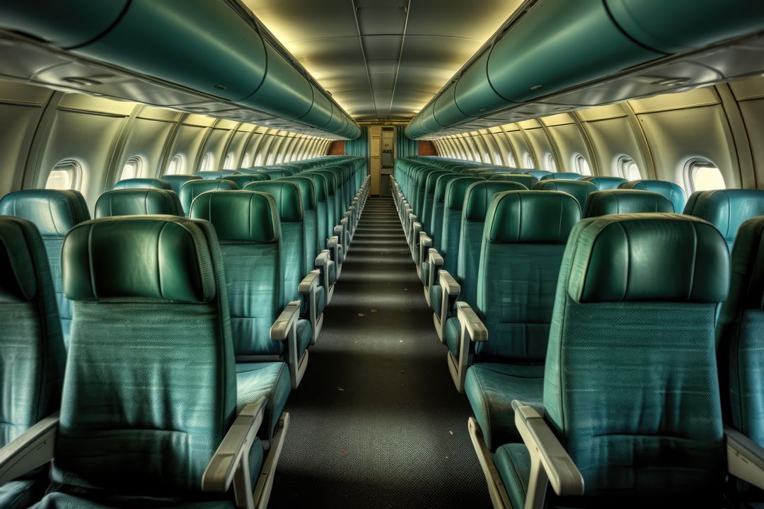 Modern Airplane Interior with Empty Green Seats and Overhead Bins - Free Images, Stock Photos and Pictures on Pikwizard.com