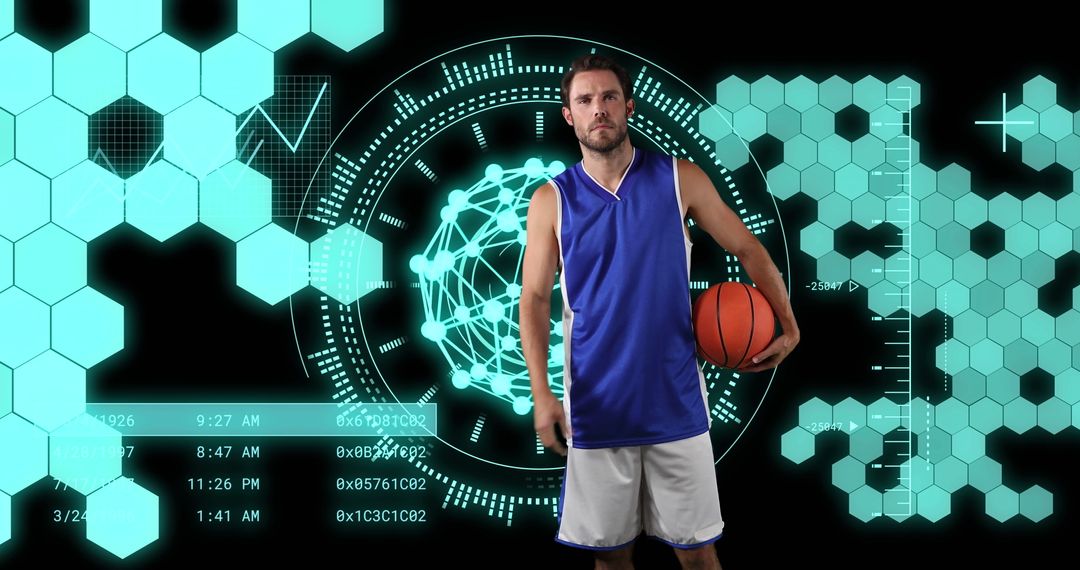 Basketball Player with Futuristic Digital Interface Background