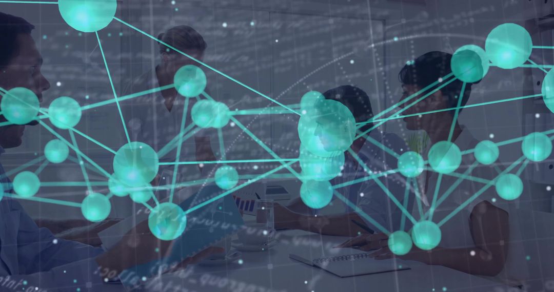Business Team Collaborating with Digital Network Overlay in Modern Workspace