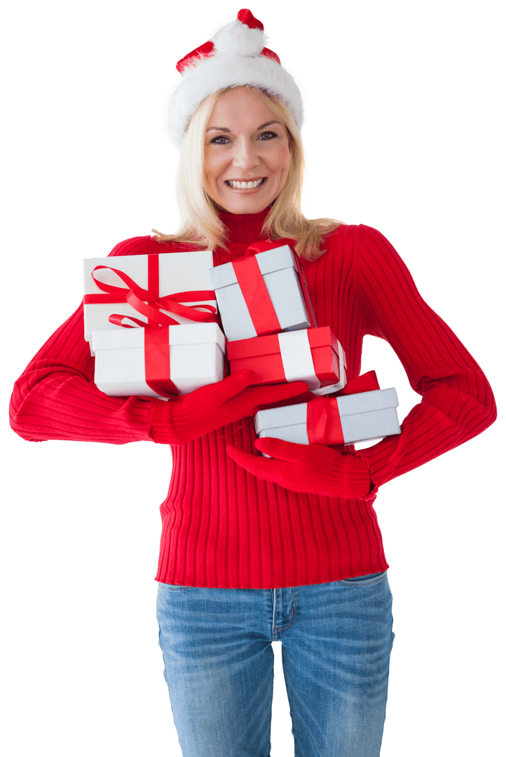 Smiling Woman with Holiday Gifts on Transparent Background