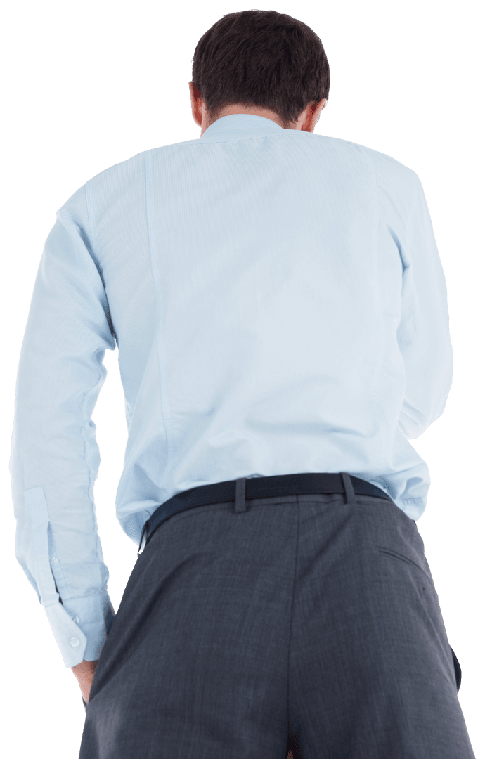 Transparent Back View of Businessman in Blue Shirt Deep in Thought