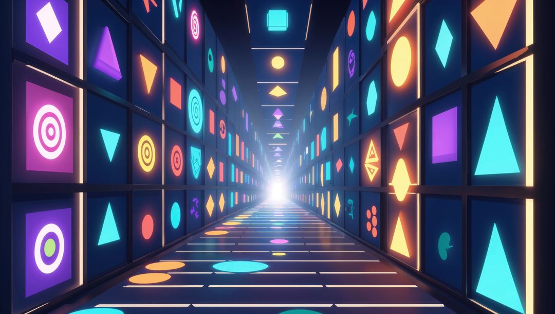Futuristic Neon Corridor with Geometric Panels leading to Bright Light