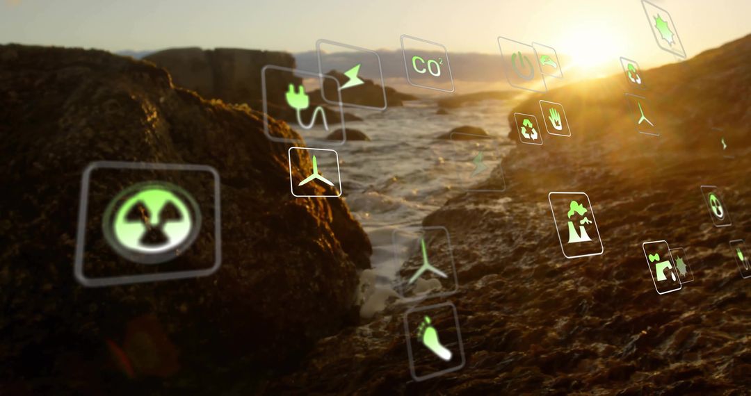 Floating Green Energy Icons in Digital Coastal Landscape