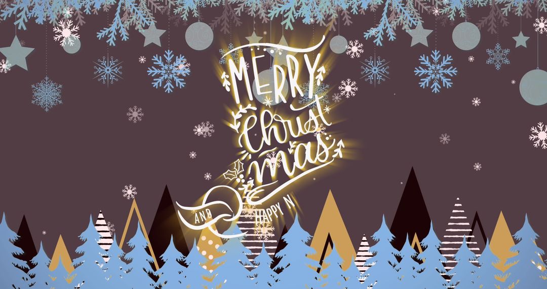 Golden Merry Christmas Text with Winter Woods and Pine Trees