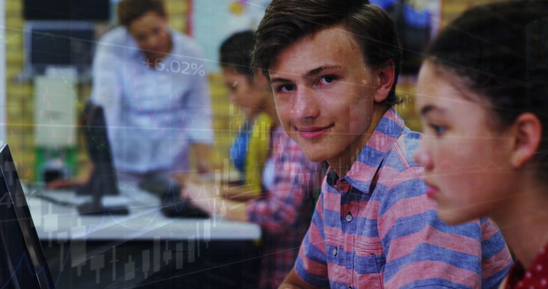 Smiling Boy with Laptop in Tech-Driven Classroom Setting