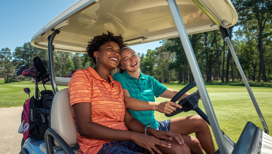 Laughing Friends Enjoying Golf Day in Cart