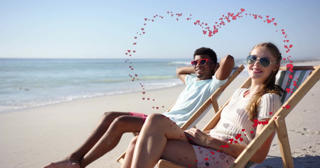 Smiling Couple Relaxing on Beach with Heart Animation