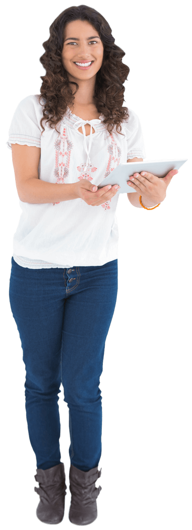 Smiling Woman Holding Tablet PC on Transparent Background