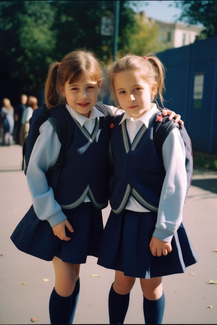 Two Schoolgirls in Uniform Hugging on Sunny Day - Free Images, Stock Photos and Pictures on Pikwizard.com