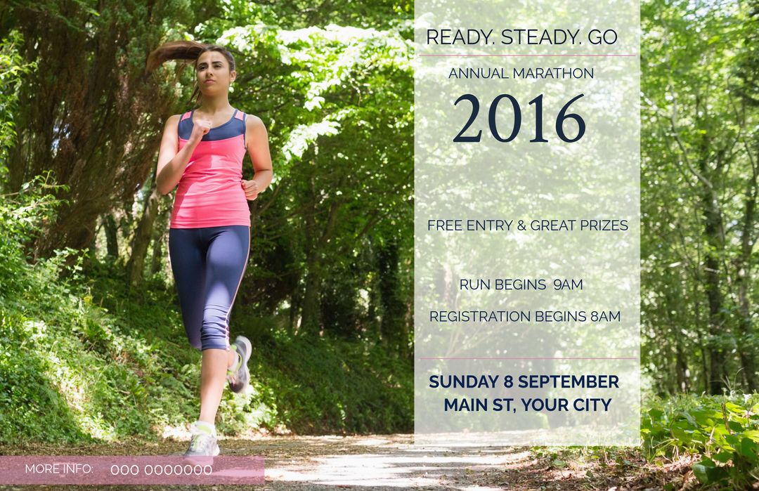 Woman Running in Forest Showing Determination and Health for Marathon