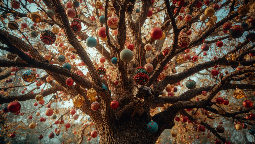 Tree Adorned with Vibrant Holiday Baubles in Park Setting