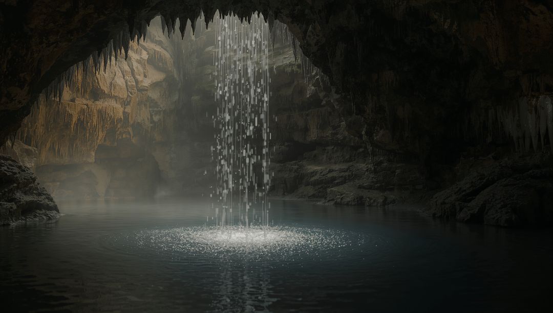 Cavern cenote waterfall cascading through skylight creating circular ripples and mist