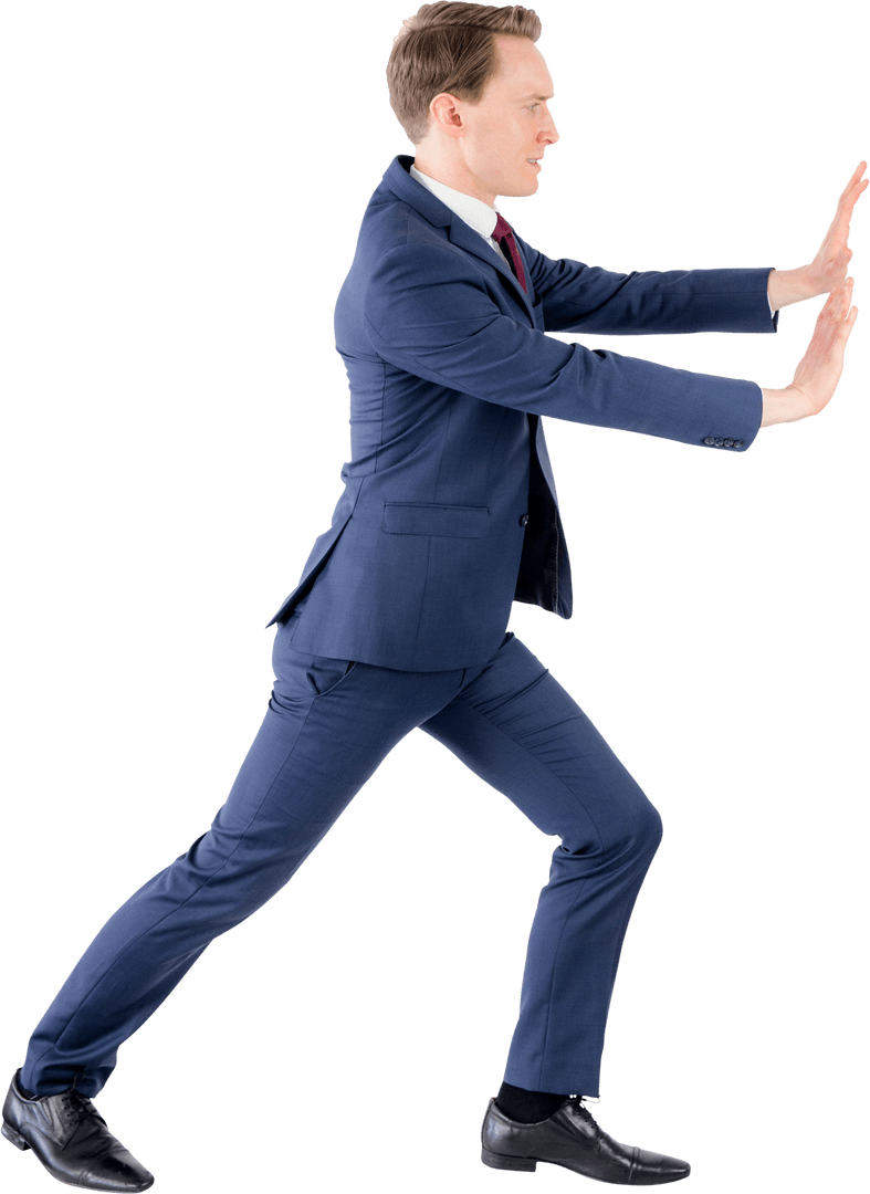 Businessman in Suit Transparent Pushing Gesture Side View