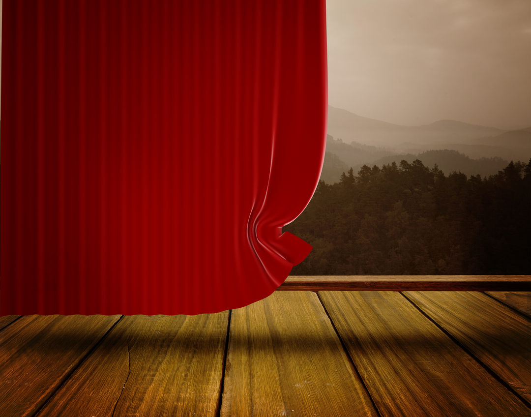 Red theatre curtain partially open on wooden stage with background scene, transparent effect - Download Free Stock Images Pikwizard.com