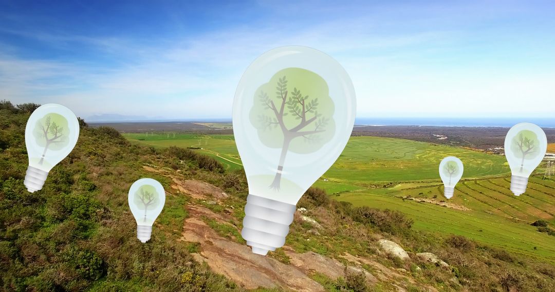 Eco-Friendly Energy Concept with Floating Light Bulbs Over Green Landscape