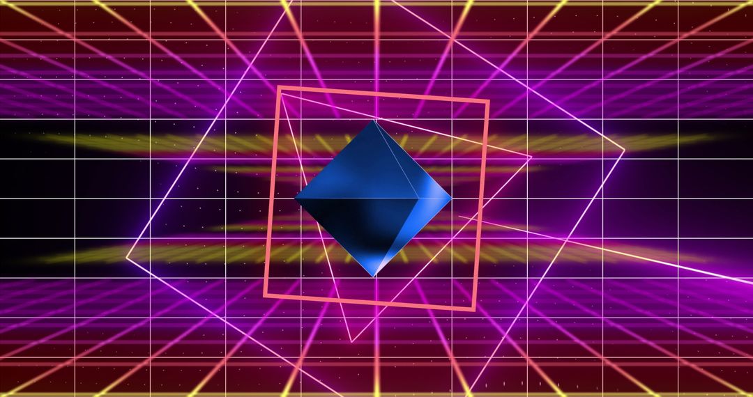 Futuristic Neon Grid and Geometric Cube in Digital Space