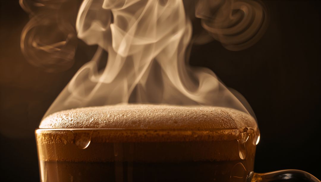 Steaming Espresso Cup Closeup with Thick Crema and Curling Vapor in Warm Studio Lighting