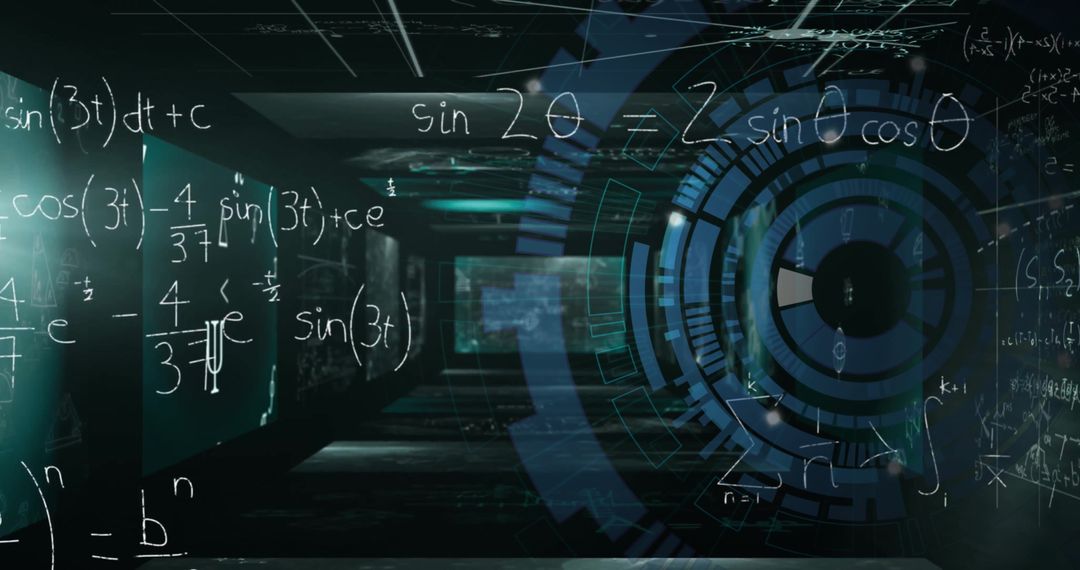 Futuristic Mathematical Equations Overlay on Tech Screens