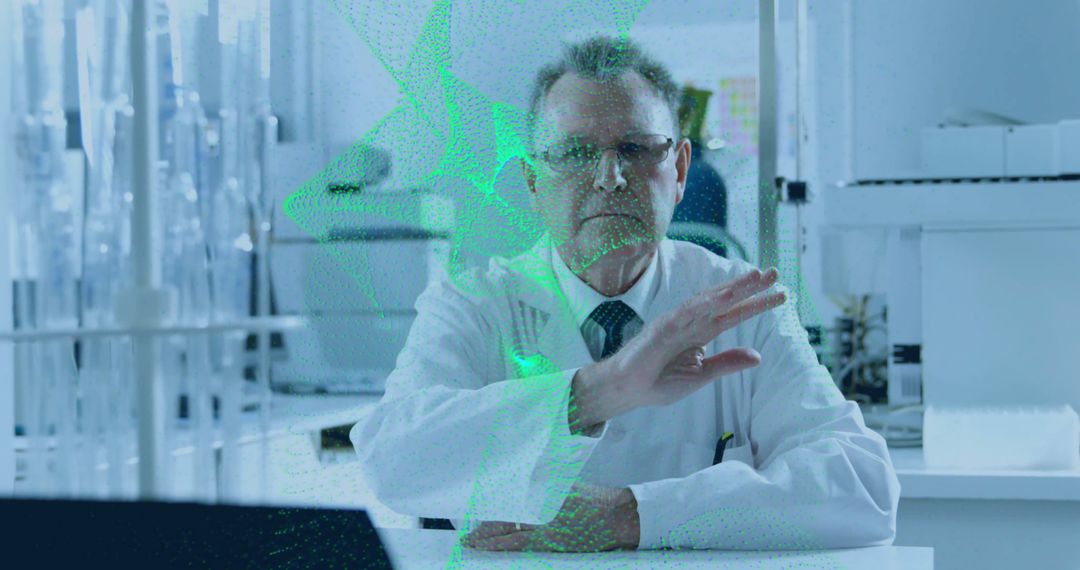 Scientific Innovation: Senior Scientist Using Holographic Interface in Modern Lab