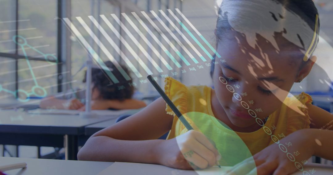 Innovative Learning: Girl Writing with Technology Overlays in Classroom