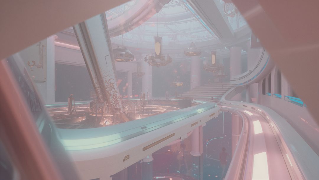 Futuristic Atrium with Central Column Ejecting Ethereal Particles