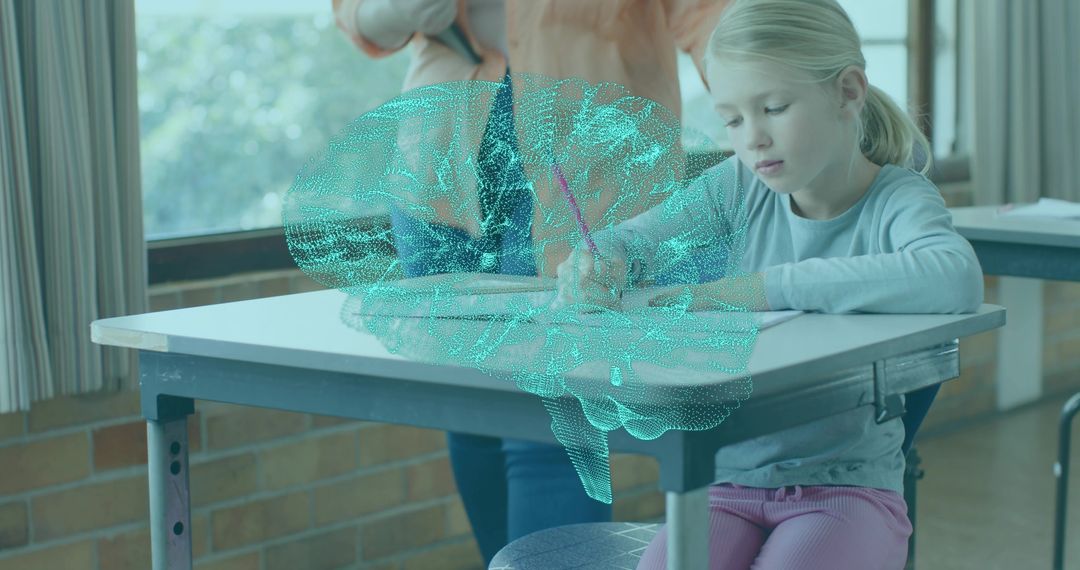 Girl writing at school desk with turquoise holographic brain overlay representing learning