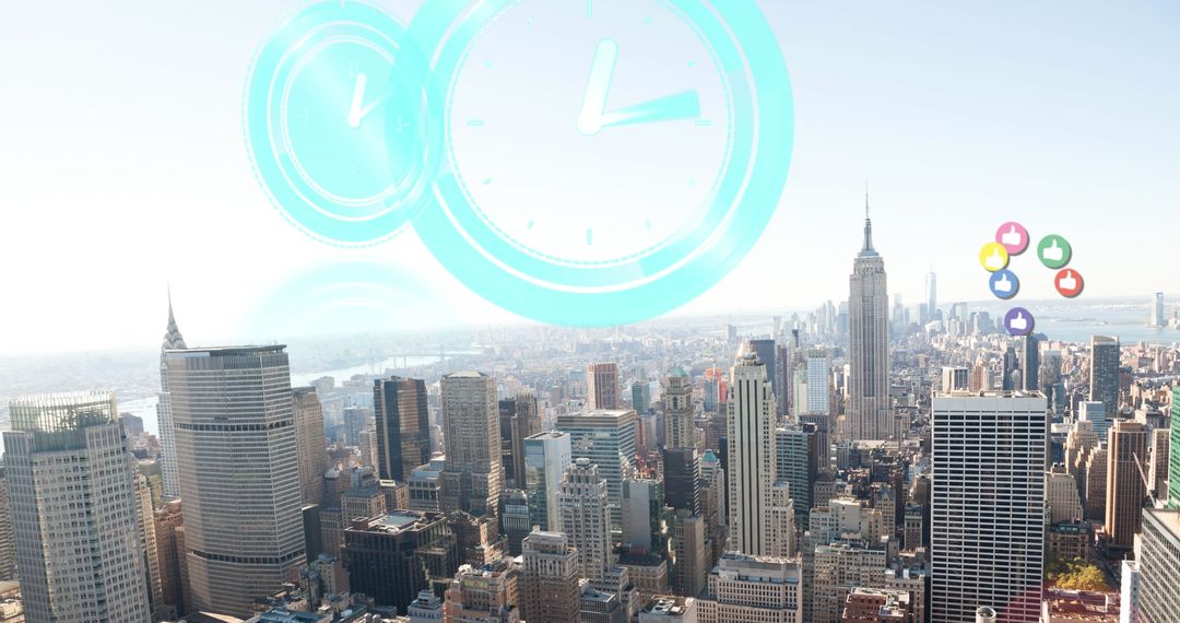 Futuristic Cityscape with Digital Clocks and Social Media Icons Overlay