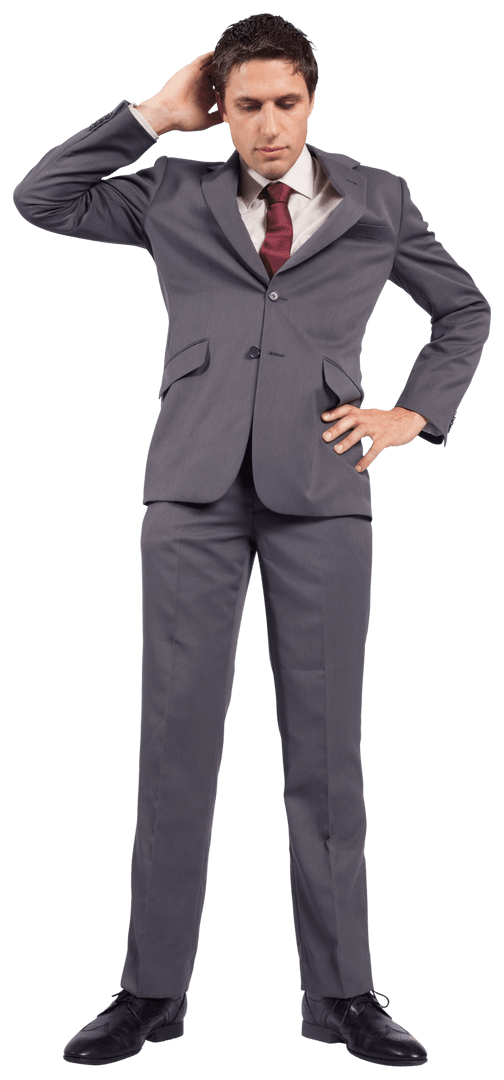 Pensive Businessman in Gray Suit on Transparent Background