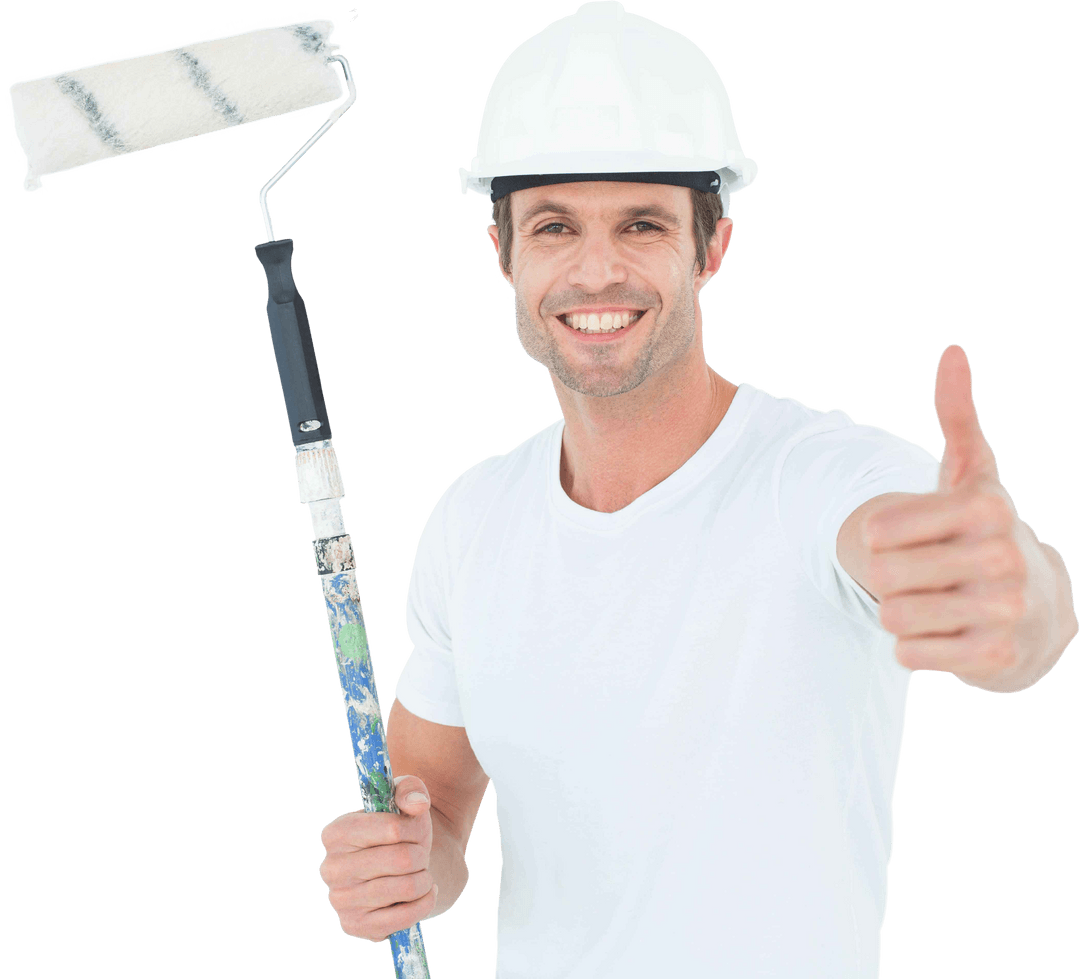 Smiling Worker in Hard Hat Giving Thumbs Up with Paint Roller - Transparent Background